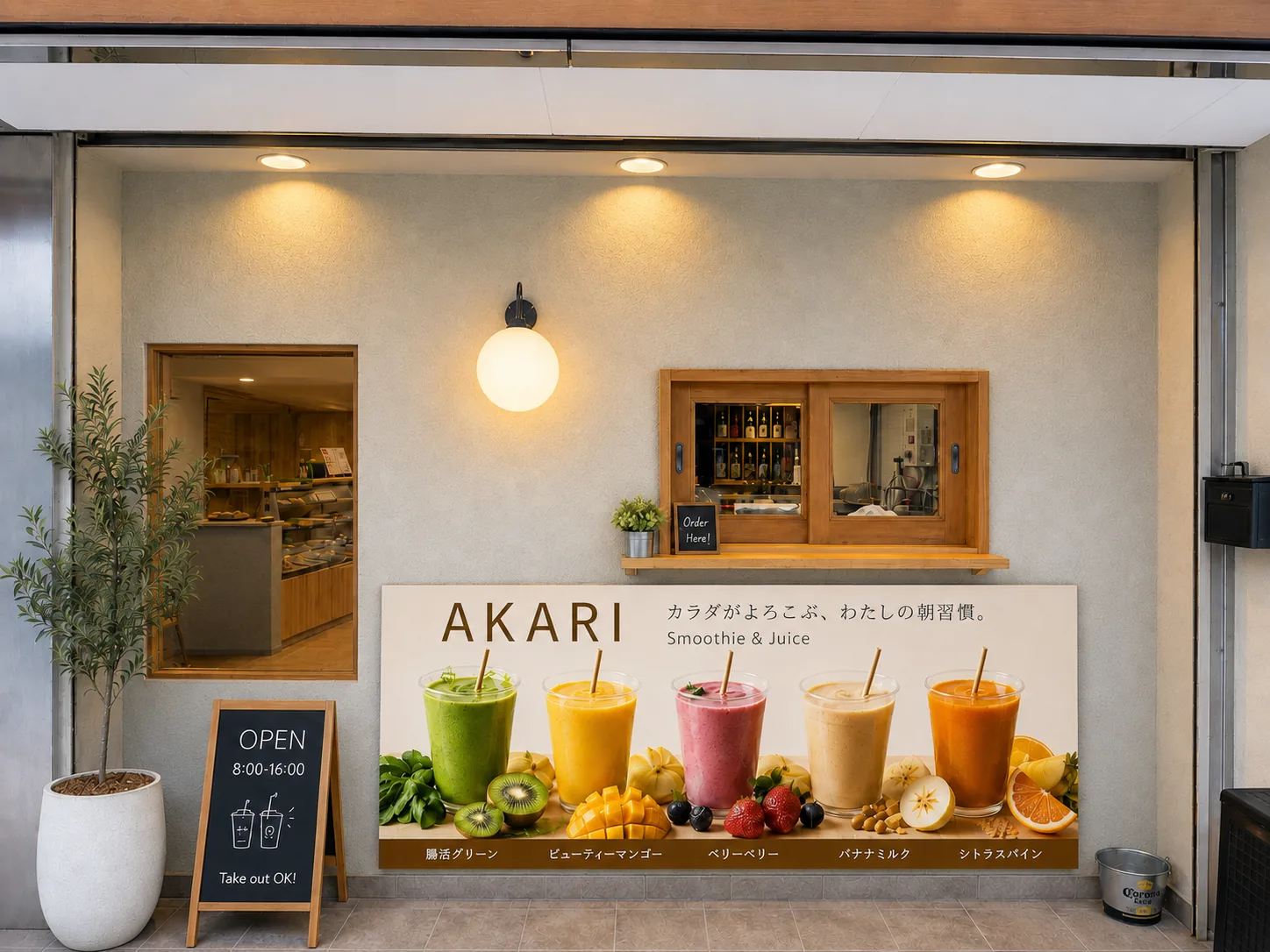 AKARI の店舗外観。スムージー5種を並べた看板と「Open 8:00-16:00 / Take out OK!」の立て看板